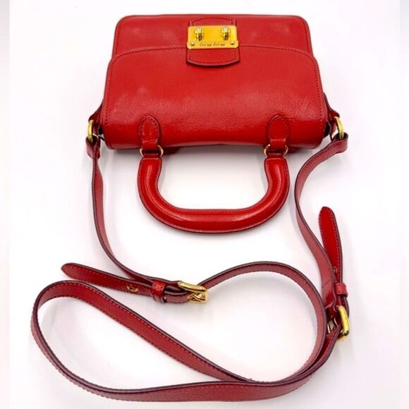 Auth Miu Miu Top Handle Red Leather 2way Crossbody Madras Handbag Preloved Purse - Picture 12 of 16